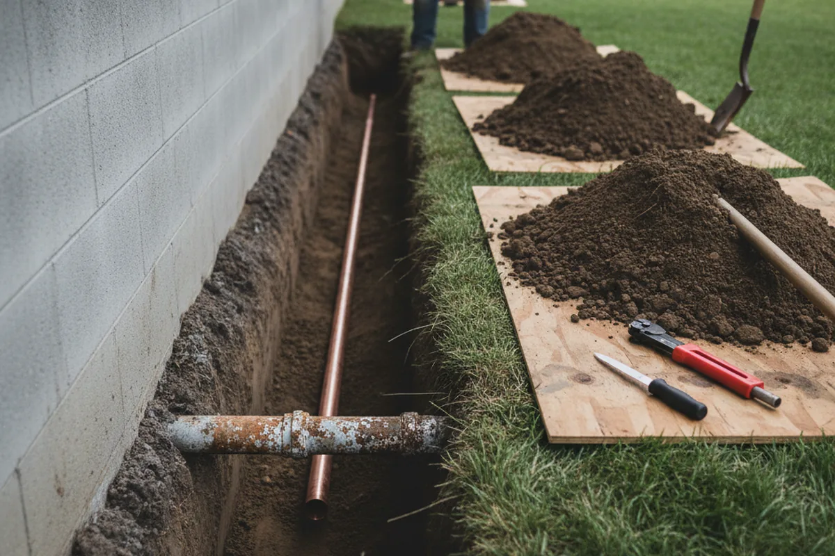 Excavated water line trench during Water Softener Installation in Talpa